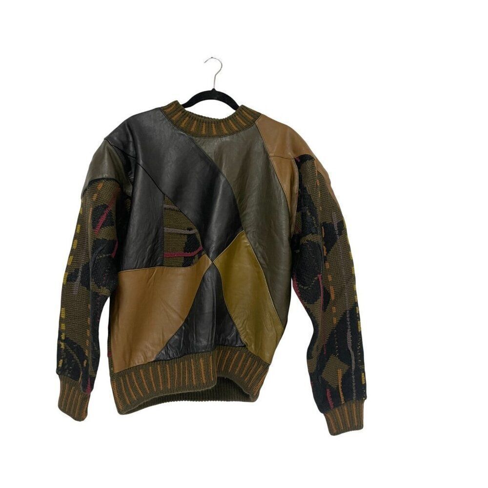 Men's Multicolor Patchwork Crewneck Sweater - Olive & Brown